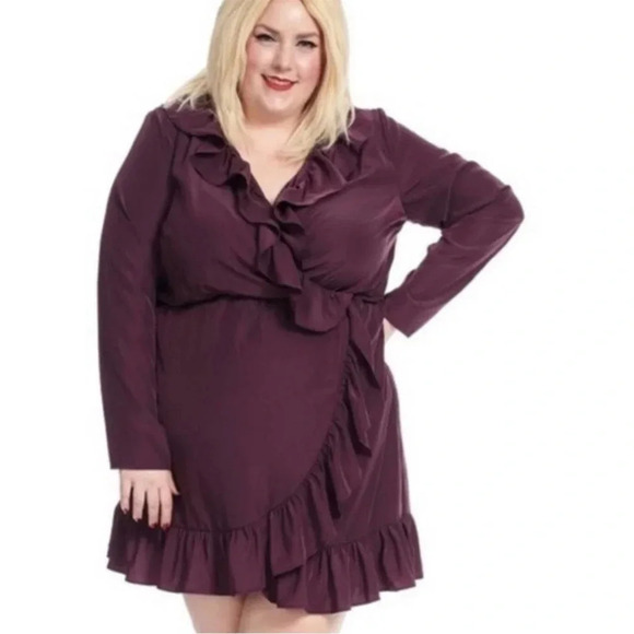 gb x Amanda Uprichard Malia Purple Ruffle Mini Faux Wrap Long Sleeve Dress - Picture 1 of 6
